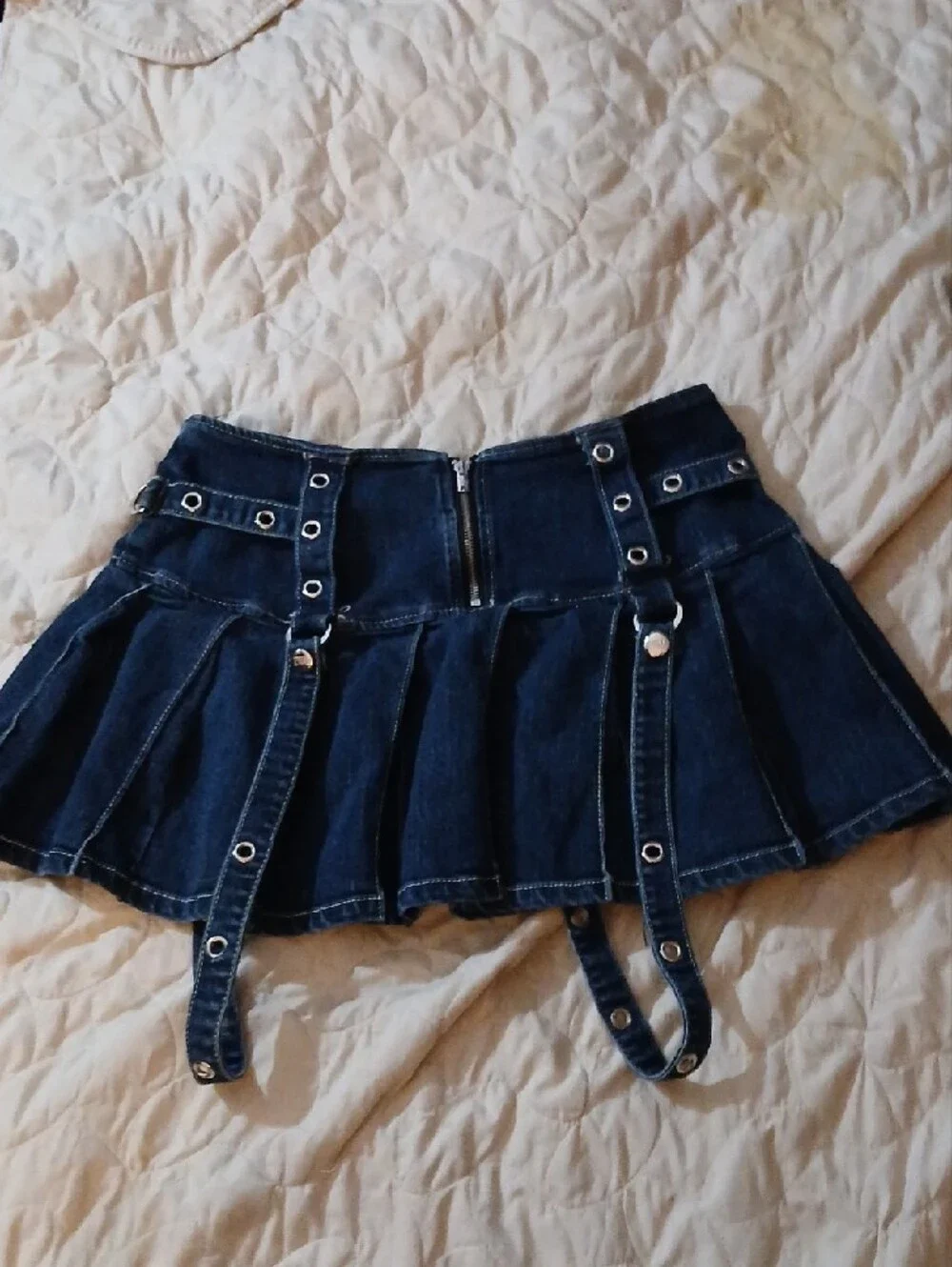 Vtg Tripp NYC Dark Denim Pleated Mini Skirt with Grommet Suspender Straps